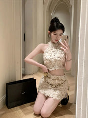 Spring Outfit Korean style Fashion Small Fragrance Sequins Two Piece Set Women Halter Top + Skirt Sets Summer Tweed Sweet 2 Piece Suits