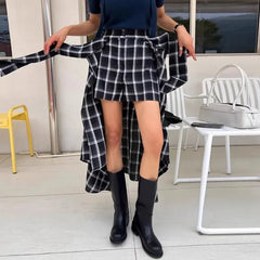 Fashion Vinage Black Plaid Skirts Y2k E-Girl High Waist Lace Uo Skirt for Women 2024 New Irregular All-match Faldas Mujer