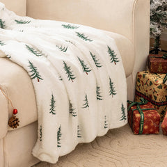 Soft Faux Fur Blanket Reversible Fuzzy Long Hair Shaggy Blanket Fluffy Plush Fleece Christmas Tree Embroidered Throw Blanket