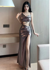 2025 Summer Women's New Sexy Spicy Girl Hollow Back Cross High Waist Side Split Show Leg Length Fashion Style Long Dress DIB3