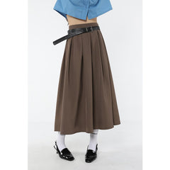 2023 Spring Vintage Khaki Pleated Women Suit Skirt Casual High Waist American College Style Ladies Medium and Long A-line Skirt