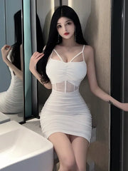 2025 Summer Women's New Sexy Spicy Girl Double Layer Gauze Splice chest Fold Wrap buttocks Solid Color Fashion sling Dress Z2ZX