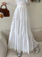 White Black Long Skirt Women Crochet Lace Maxi Skirt 2024 Goth Lolita Summer High Waisted Pleated Skirts rok