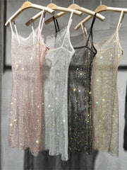 Mesh Rhinestone Hollow Dress For Women Sexy See Through Sleeveless Dresses Club Party Temperament Vestido De Mujer