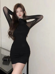 Autumn New American Style Temperament Mesh Long-sleeved Patchwork Slim Dress Sexy Black Dress V-Neck Mysterious Maturity NIHW