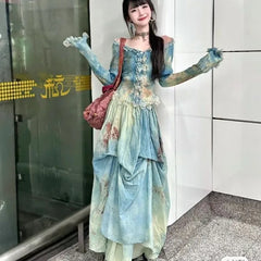 Elegant Vintage Tie Dye Slim Fit Fungus Long Sleeve Tops Women+ Y2k High Waist Ruched Skirts 2024 Summer New Two Piece Sets