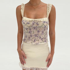 French Romance 2 Piece Set Floral Print Crop Tops + Lace Trim Satin Mini Skirt Ruched Strap Backless Tie Up Camis