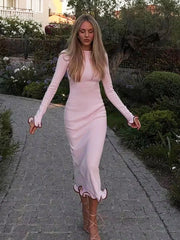 Backless Ruffled Knitted Long Dress For Women Contrast Color Flare Sleeve Autumn Sexy Bodycon Evening Party Sweater Dress