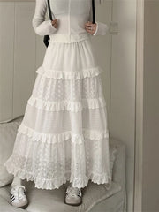 Fairycore White Long Skirt Women Cutecore Hollow Out Hook Floral Patchwork Ruffle High Wasit A-line Maxi Skirt Mori Girl