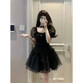 2025 Summer New Black Yarn Dress Fluffy Small Short Square Neck Spicy Girl Sweet Style Small Puff Sleeve Sexy Lovely Short FO30