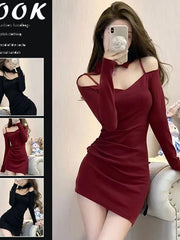 French Slim Fit High End Sexy Long Sleeved Unique Fashion Red Off The Shoulder Wrap Hip Dress Elegant Female Spring Autumn HOAR