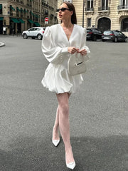Elegant White Sexy V Neck Mini Dress Female Lantern Long Sleeve Retro Casual Ball Gown Dresses High Waist Fashion