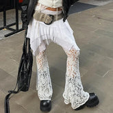 Fashion Sexy Lace Patchwork Skirt Pants 2024 Summer New See Through Mesh Y2k Grunge Low-waisted Irregular Flare
