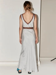 Lace Deep V-Neck Long Dress Women Slim Backless High Waist Fashion Party Dress Elegant Sleeveless Splice Female Dress