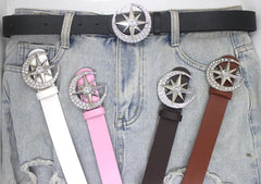 Goth Luxury Brand New PU Leather Inlaid with Diamonds Starry Moon Button Head Belt for Women Jeans Skirt Punk Y2k Accessories