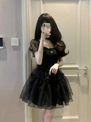 2025 Summer New Black Yarn Dress Fluffy Small Short Square Neck Spicy Girl Sweet Style Small Puff Sleeve Sexy Lovely Short FO30