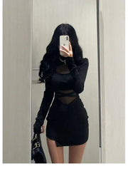 Pile Up Sleeves New Sexy Black Fishbone Dress Personalized Slim Women Dress Thin Gauze Perspective Wrap Around Buttocks F8Q3