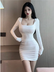 2025 Spring Women's New Sexy Spice Girls foundation Square Neck Long Sleeve Slim Solid Color Fashion Wrap buttocks Dress F0RZ