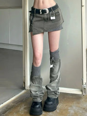 American Retro Stripe Patchwork Denim Skirts Y2k Irregular High Waist Skirt for Women+ Leg Warmer Spring New Two Piece Sets