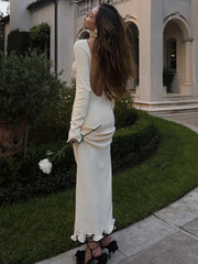 Backless Ruffled Knitted Long Dress For Women Contrast Color Flare Sleeve Autumn Sexy Bodycon Evening Party Sweater Dress