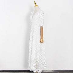 2025 New Top Hollow Out Embroidery Dress For Women V Neck Half Sleeve High Waist Elegant Dresses Female Fashion New Clothin