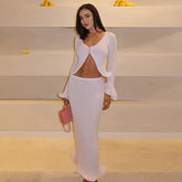 Elegant Knitted Skirt Suits For Women Fungus Cut Out Sexy Cardigan Top Long Slim Skirts Beach Holiday Lady Two Pieces Set