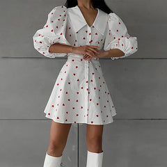 Printed Puff Sleeve Short Dress For Women Lapel Chic Single Breasted Fashion A-Line Patchwork Casual Female Party Dress