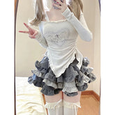 Kawaii Y2K Women 2 Pieces Sets Sweet Sexy Slim Shirts Gothic Long Sleeve Tops Mini Tutu Skirts Elegant Lolita Outfits 2024 New