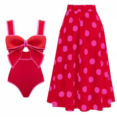One Piece Swimsuit with Maching Midi Skirt Skirt for Women 2024 New Swimwear Female Bow Tie Decor Monokini Beach Bathing Suit
