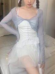 Lace Kawaii Sweet 3 Piece Set Women Bandage Korean Fashion Party Mini Skirt Suit Bow Ruffles Fairy Vintage Clothing 2023 Summer