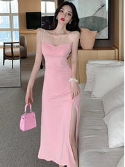 2025 Summer Women's clothing gentle Sweet chest Fold Fashion Slim Side Split Sling Wrap buttocks Wrap buttocks Long Dress T0E2