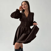 Folds Dresses For Women Birthday Elegant V Neck Fashion Slim Dress Femme Party Temperament Retro Midi Dress Woman