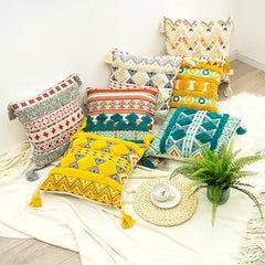 Throw Pillow Cover Bohemian Traditional Culture Ethnic Ornament Floral with Tassels Throw Pillow Covers for Sofa Home Decor