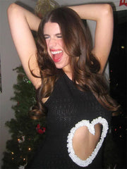 Knit Heart Hollow Out Splice Mini Dress Woman Slim Sleeveless Fashion High Waist Lace Ruffled See-Through Knitwear Dress