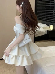 New Simple Slim Style Bow Tie Hanging Neck Cake Princess Solid Folds Short Women Sweet Off Shoulder Strap Bubble Dress I6JA