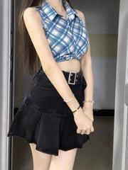 Oversize American Retro High Waiste A-line Skirts 2024 Summer New Ruched Faldas Mujer Y2k Grunge Denim Skirt for Women