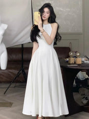 France Vintage Halter Evening Party Long Dresses for Women Solid Sleeveless A-line Princess Wedding Prom Robe New Summer Vestido