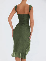 Elegant Slim Fit Backless Pleated Double Layer Dress Women's Sleeveless Irregular Dress Mesh Splice Fashion Gown Dresses