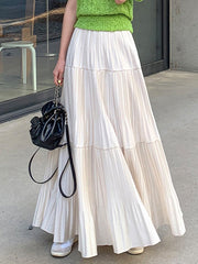 Pleated Maxi Skirt Women Korean Fashion Elegant Solid Color A Line Skirts Ladies Autumn Casual Loose Elastic Waist Long Skirt