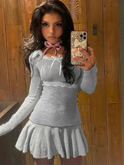 Knitted Mini Dress For Women Rib High Waist Splice Lace Dresses Femme Casual Elegant Slim Folds Dress Woman 2023 Autumn