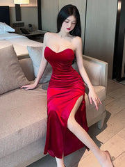 2025 Summer Women's Sexy Temperament ceremonial dress Wrapped Chest backless High Split Velvet Wrapped Hip Red Long Dress FQ4B