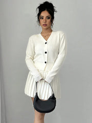 Retro Knitted Long Sleeve Sweater High-Waisted Pleated Skirt Two Piece Set For Women Niche Solid Matching Sets Autumn New