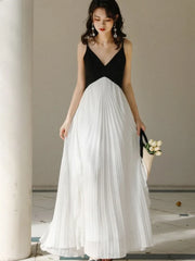 French Black And White Patchwork Maxi Dress Women Summer V Neck Sleeveless Backless Pleated Vestido Beach Holiday Party Clothing