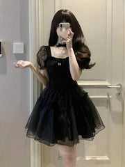 2025 Summer New Black Yarn Dress Fluffy Small Short Square Neck Spicy Girl Sweet Style Small Puff Sleeve Sexy Lovely Short FO30