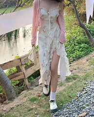 2025 Summer Floral Sleeveless Midi Dresses Women Designer Vintage Dress Female One Piece Elegant Dress Korean Fashion