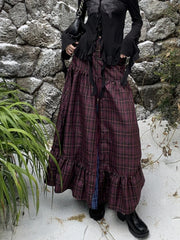 Plaid Long Skirt Womens Maxi Skirt 2023 Goth Lolita Low Waist Ladies Front Zip Ruffle Pleated Skirts rok