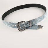Fashion Vintage Blue Denim Belt with Retro Carved Pattern and Needle Buckle Y2k Belt Straps for Women Jeans Dress Accessories