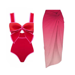 One Piece Swimsuit with Maching Midi Skirt Skirt for Women 2024 New Swimwear Female Bow Tie Decor Monokini Beach Bathing Suit
