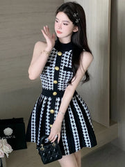 High Street Newest 2025 Fashion Elegant Houndstooth Knitted Dress For Women Sleeveless Sexy Summer Dress Casual Party Dresses