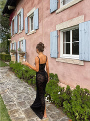 Lace See-Through Maxi Dress Sheer Black Slit Bodycon Slim Dresses Elegant Solid Zipper Backless Sexy Dress For Women 2023